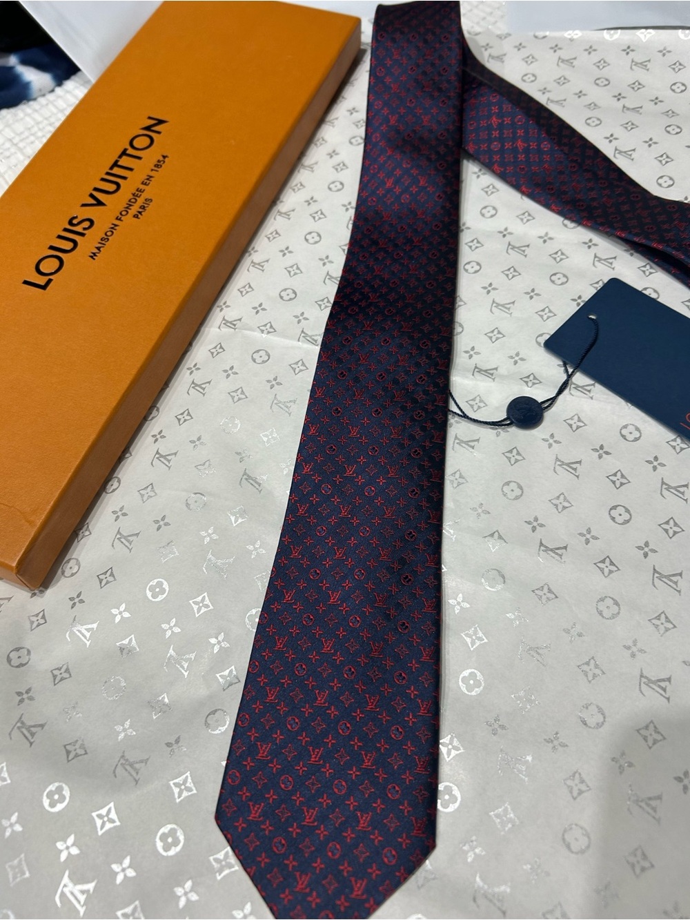 Louis Vuitton Navy and Red Monogram Silk Tie